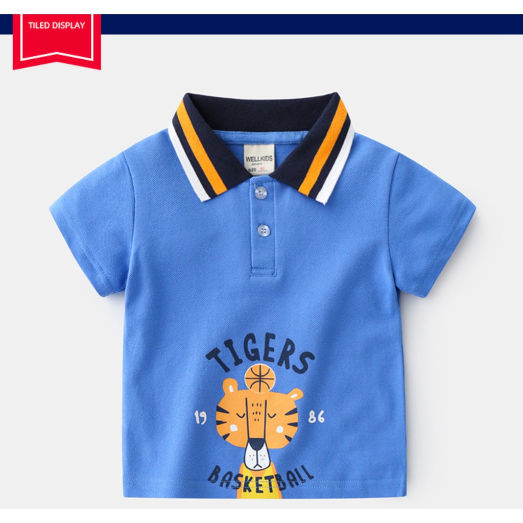 Áo POLO bé trai WELLKIDS áo thun in hình TIGER chất 100% cotton mềm mịn êm ái hàng xuất Âu Mỹ