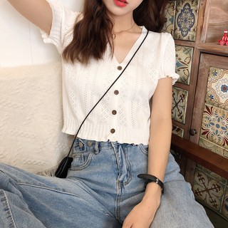 [ CÓ SẴN] Áo len mỏng cộc tay crop-top Black Pink