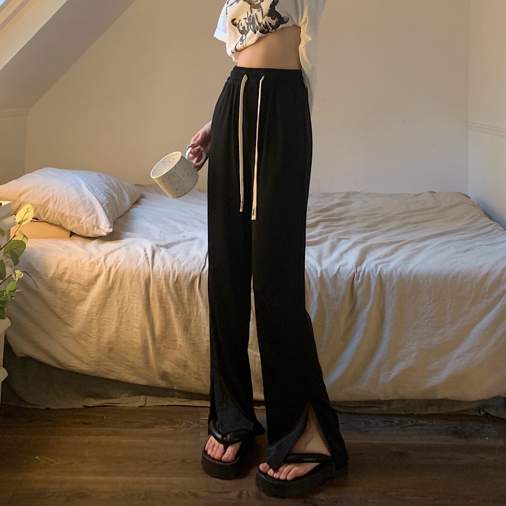 Quần ống rộng Lưng Cao Vải Lụa Mát Mỏng Phối Dây Rút 5 Màu Sắc Trẻ Trung