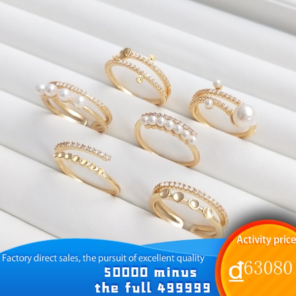 Nhẫn hở xi mạ vàng 14K khảm hạt cườm ngọc trai cẩm thạch pha lê đá zircon giữ màu làm thủ công DIY cY1m