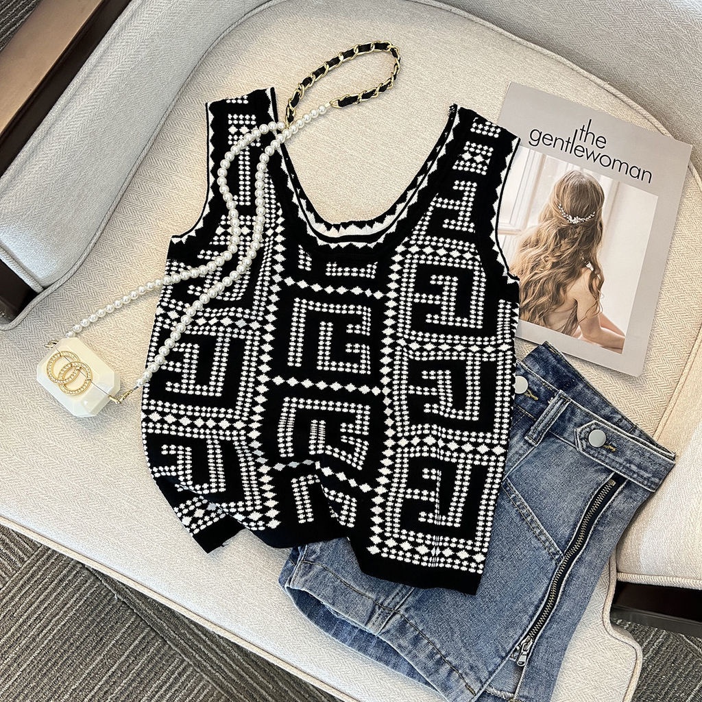 Áo Dệt Kim Hai Dây Màu Đen Phong Cách Retro Thời Trang Mùa Hè Dành Cho Nữ