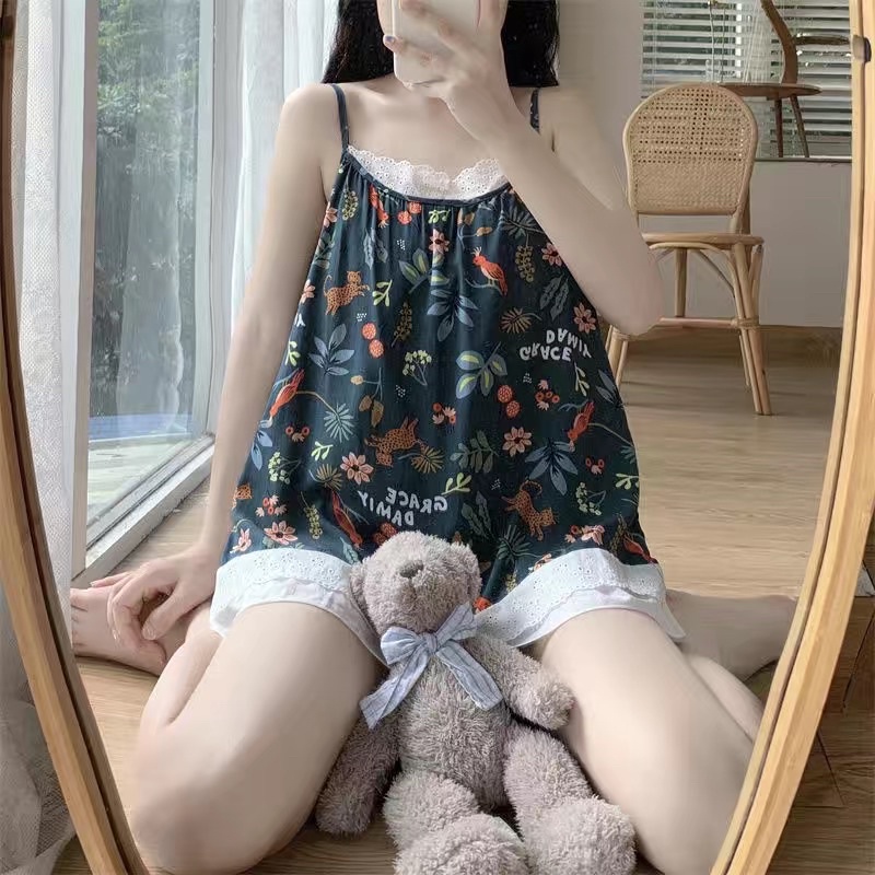 bộ ngủ mùa hè áo hai dây + quần short hoa nhí mát mẻ