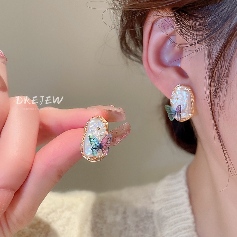 DREJEW Bông Tai Mạ Bạc Hình Hoa Bướm Đính Ngọc Trai Thời Trang Cao Cấp Phong Cách Hàn Quốc 2