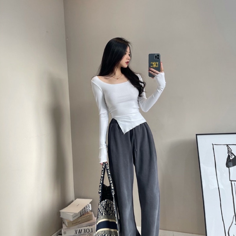 Áo chất tăm xẻ vạt tay dài 3 màu cá tính form ôm | BigBuy360 - bigbuy360.vn