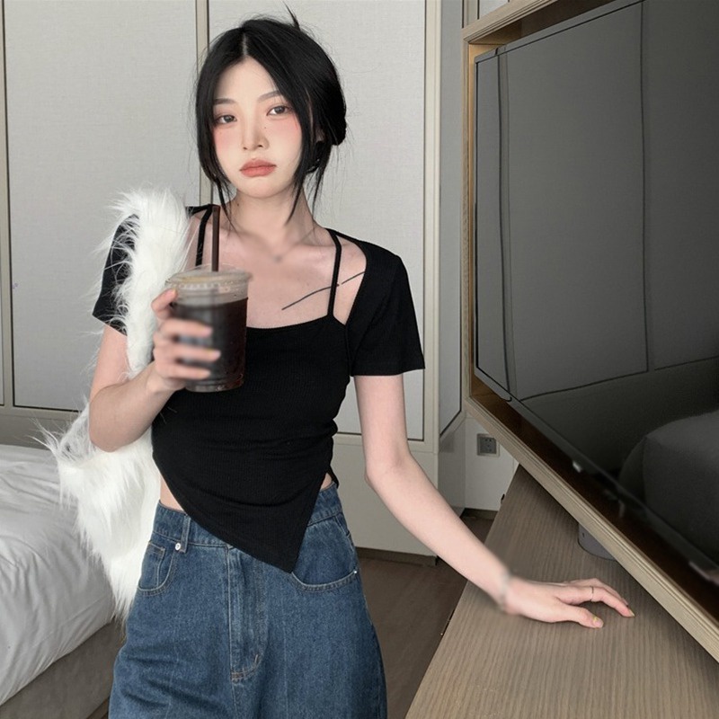 Áo Thun Tay Ngắn Cổ Vuông Thiết Kế Độc Đáo Phong Cách Hàn Quốc Thời Trang Cho Nữ