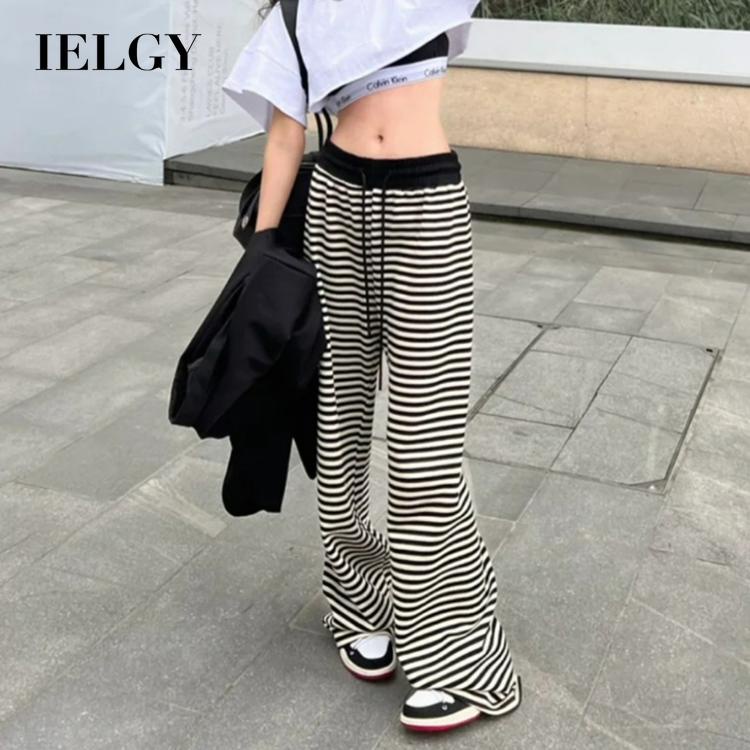 IELGY  Quần Dài Lưng Cao Dáng Rộng Họa Tiết Kẻ Sọc Trắng Đen Thời Trang Cho Nữ