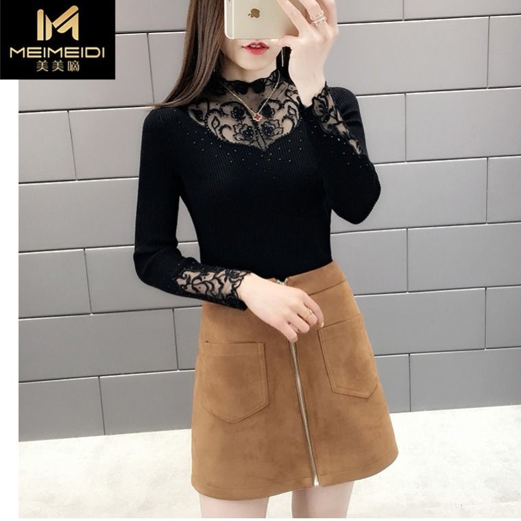 Áo sweater dệt kim tay dài cổ phối ren thời trang thu đông 2020 cho nữ
