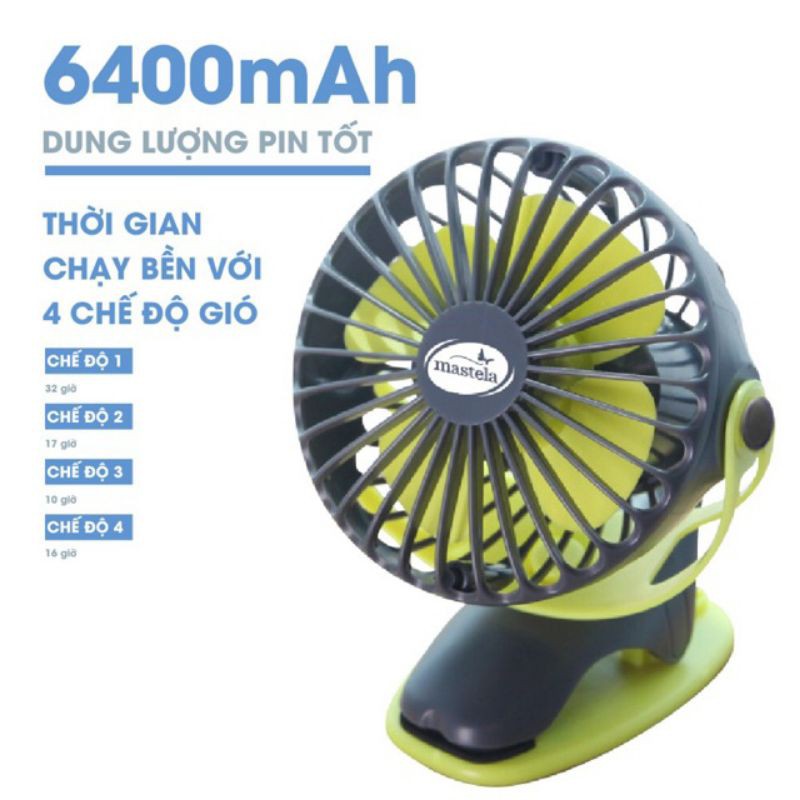 Quạt sạc tích điện mini Mastela xoay góc 720 độ, đế kẹp đa năng _ Hàng chính hãng