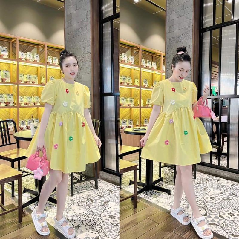 Đầm Babydoll Đính Nhiều Hoa Nổi Siêu Cute