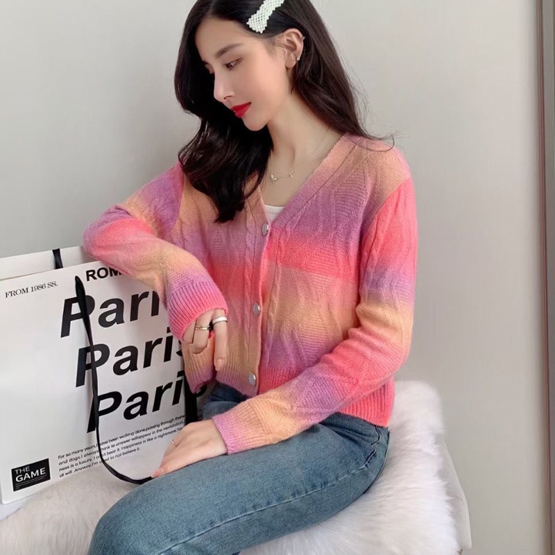 IELGY Áo Khoác cardigan Dệt Kim Tay Dài Dáng Rộng Màu gradient Thời Trang Cho Nữ