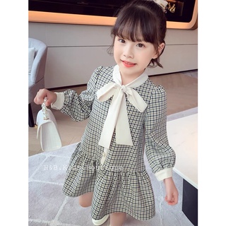 Váy kẻ cổ nơ đuôi cá bé gái