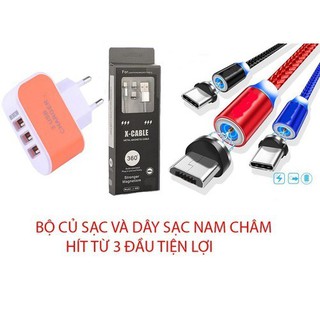 Bộ củ và dây cáp sạc nam châm 360 độ 3 đầu iphone, android, type c