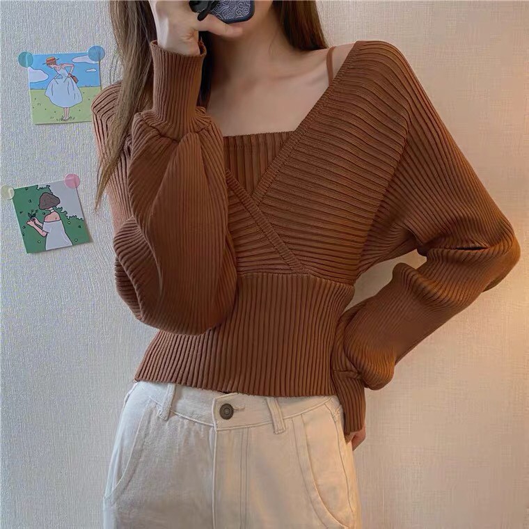 Áo Len Trễ Vai, Kiểu Áo Len Cổ V, Phong Cách Vintage Hàn Quốc, Chất Liệu Len Cao Cấp Co Dãn Tốt | BigBuy360 - bigbuy360.vn