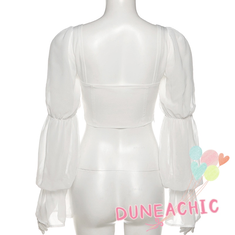 DUNEA Áo Croptop Cổ Vuông Phối Lưới Thời Trang Cho Nữ