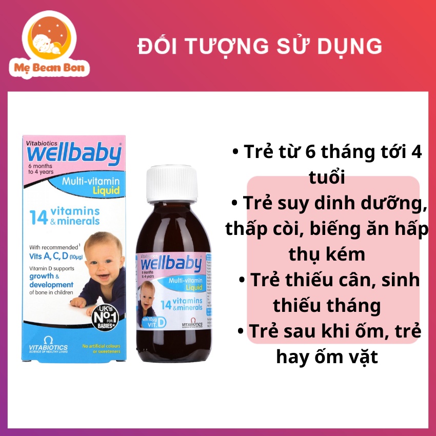 Vitamin WELLBABY INFANT LIQUID 150ml của Anh Quốc cho bé từ 6 tháng đến 4 tuổi hay biếng ăn hấp thụ kém chứa vitamin C