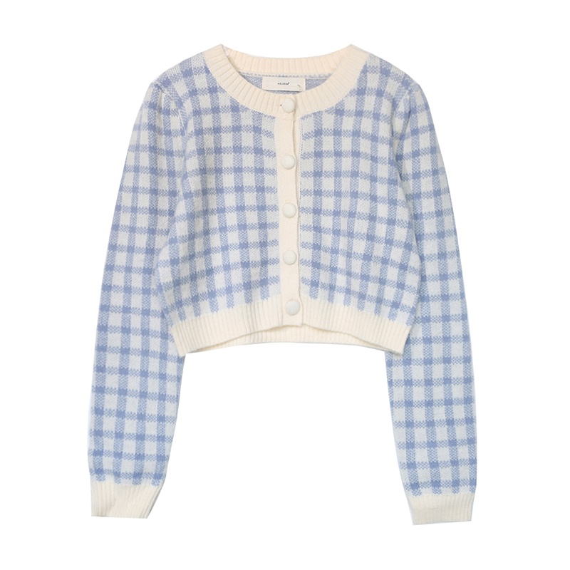 NUZIRO  Áo cardigan dáng ngắn tay dài cổ tròn họa tiết kẻ sọc caro phong cách Hàn Quốc