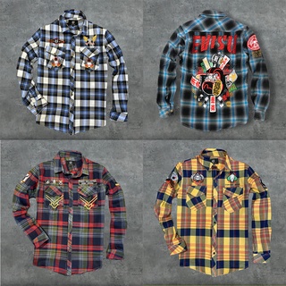 Áo sơ mi evisu kẻ loang xanh thêu trực tiếp cao cấp, áo sơ mi three cltn sọc caro thêu to full lưng K3 STORE