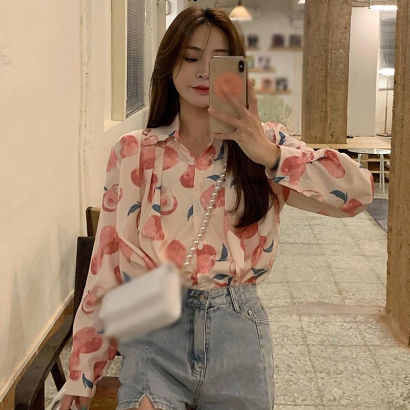 Áo Sơ Mi Tay Dài Dáng Rộng In Hình Quả Đào Kiểu Hàn Quốc Dễ Thương Cho Nữ