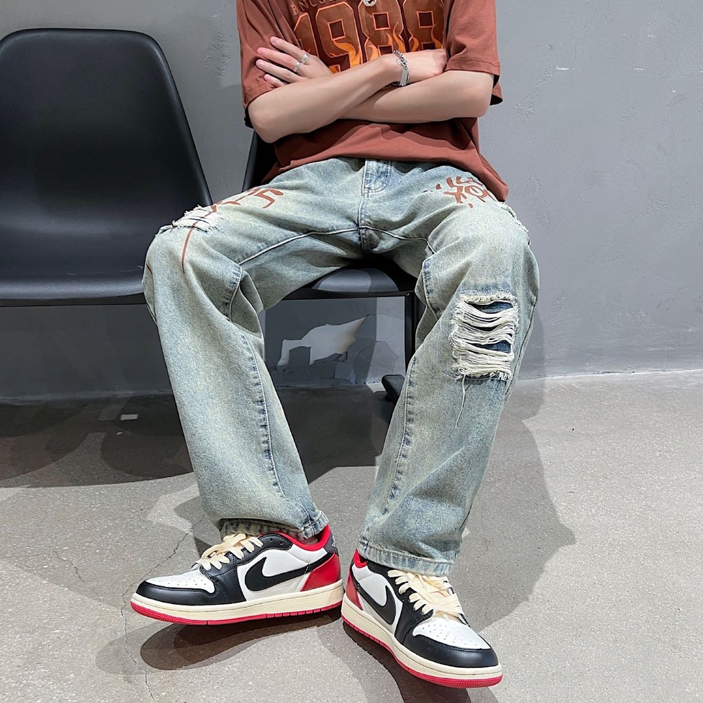 Quần short jean Rách Ống Rộng Phong Cách Hip Hop Đường Phố Mỹ levis 501 Cho Nam