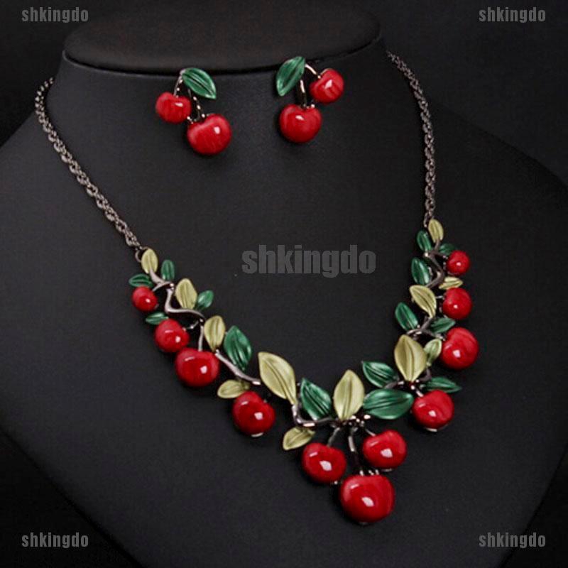 Bộ dây chuyền + hoa tai hình trái cherry đỏ xinh xắn cho nữ