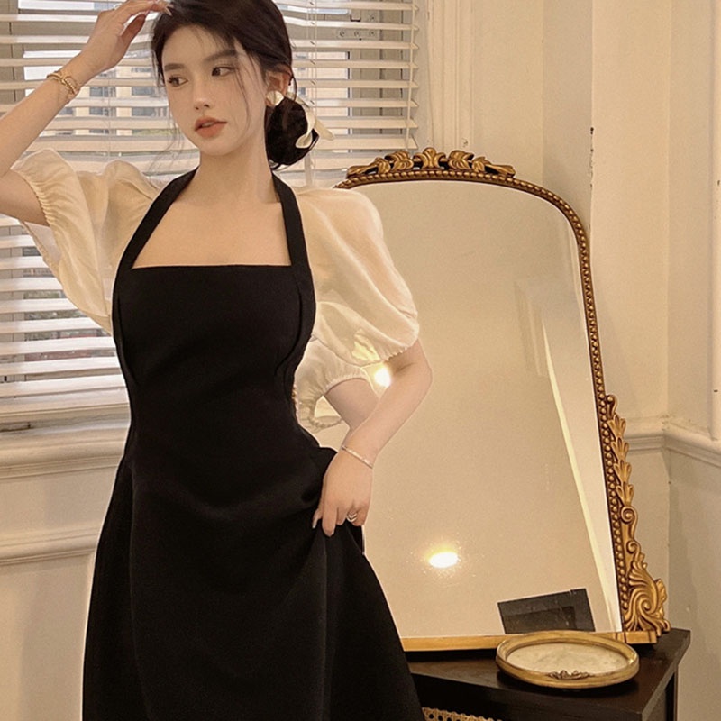 IELGY Đầm cổ vuông tay phồng màu đen thời trang cho nữ