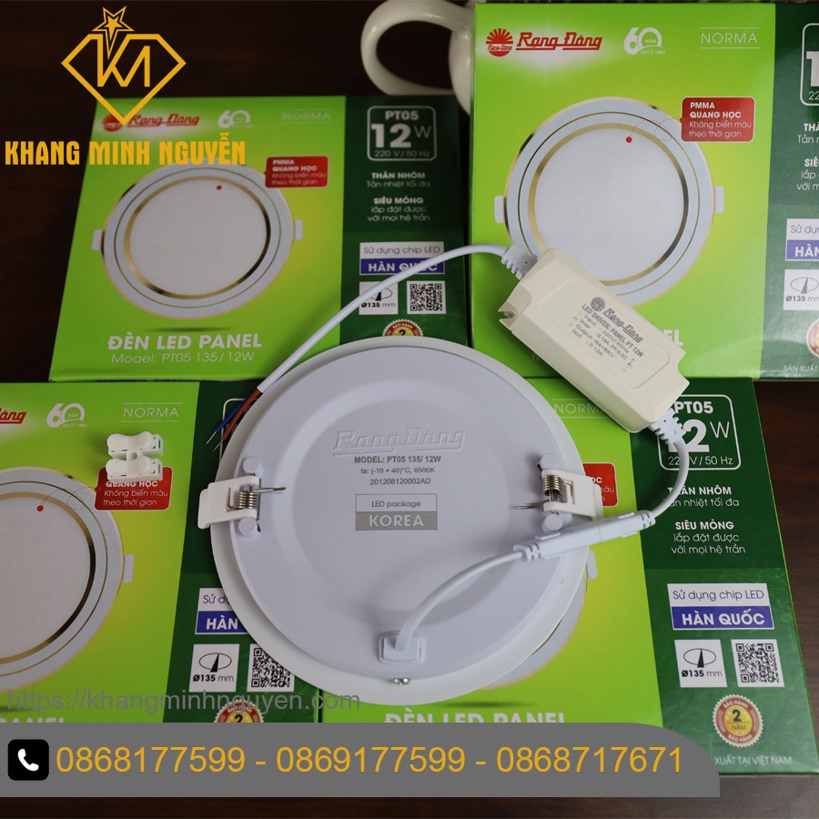Đèn LED Panel âm trần (Downlight) RẠNG ĐÔNG PT05 135/12W-Silver viền bạc có 2 màu trắng 6500K và vàng 3000K