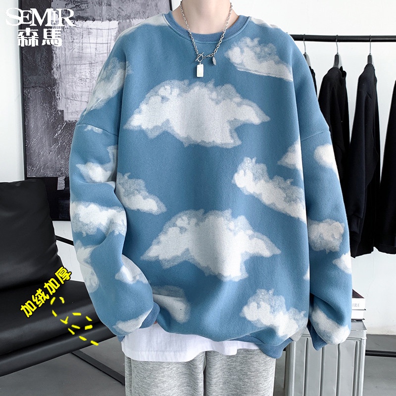 Áo Sweater Tay Dài Cổ Tròn In Họa Tiết Đám Mây Phong Cách Hồng Kông Thời Trang Thu Đông Mới Cho Nam