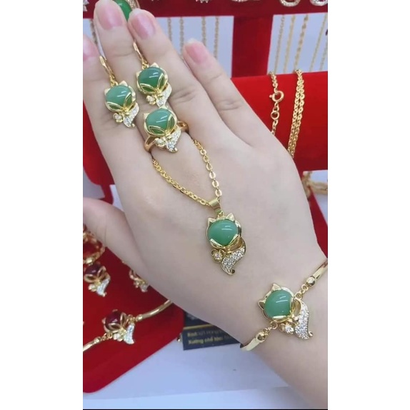 Set dây chuyền và bông tai , lắc tay, nhẫn tùy chỉnh độ rộng, set trang sức 4 món hồ ly đá xanh Namoo Jewelry