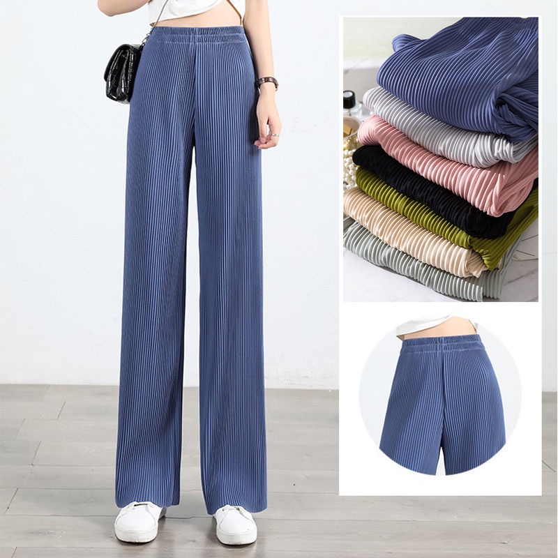 Quần Dài Lưng Cao Hoạ Tiết Kẻ Sọc Thiết Kế Dáng Rộng Thoải Mái