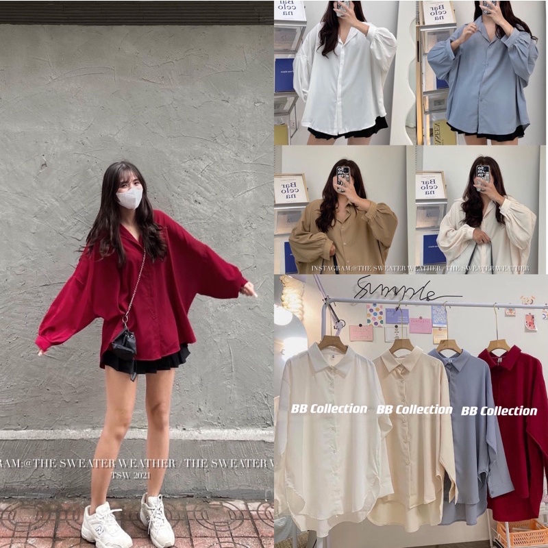 Áo sơmi lụa form rộng dáng suông basic Hàn Quốc