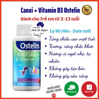[Cam kế chuẩn Úc] Canxi và Vitamin D3 cho bé, Canxi Khủng long Calcium & D3 Ostelin Kids 90 viên nhai cho bé từ 2 tuổi