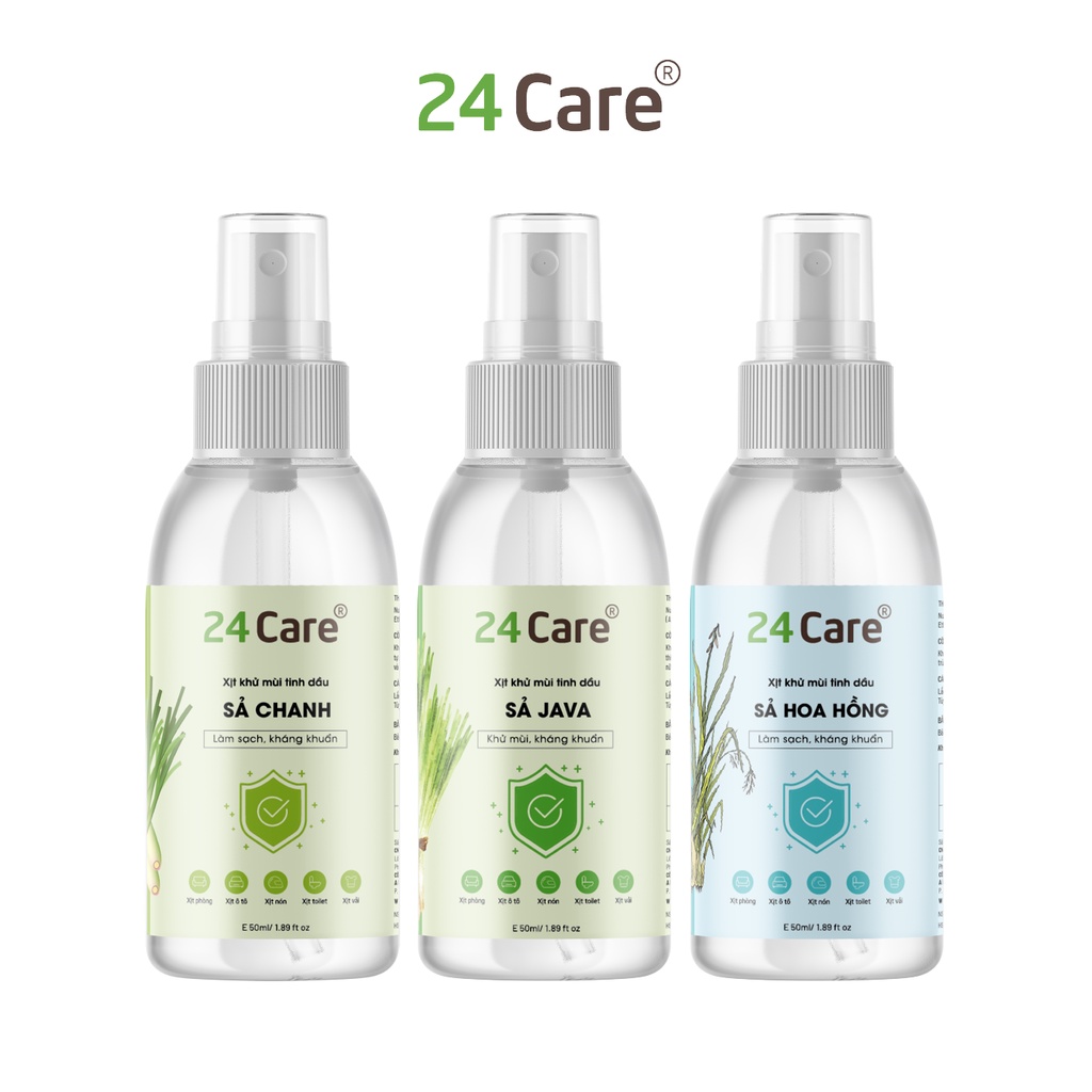 Combo 3 xịt khử mùi thơm phòng Sả Chanh + Sả Java + Sả Hoa Hồng 24Care 50ml/chai