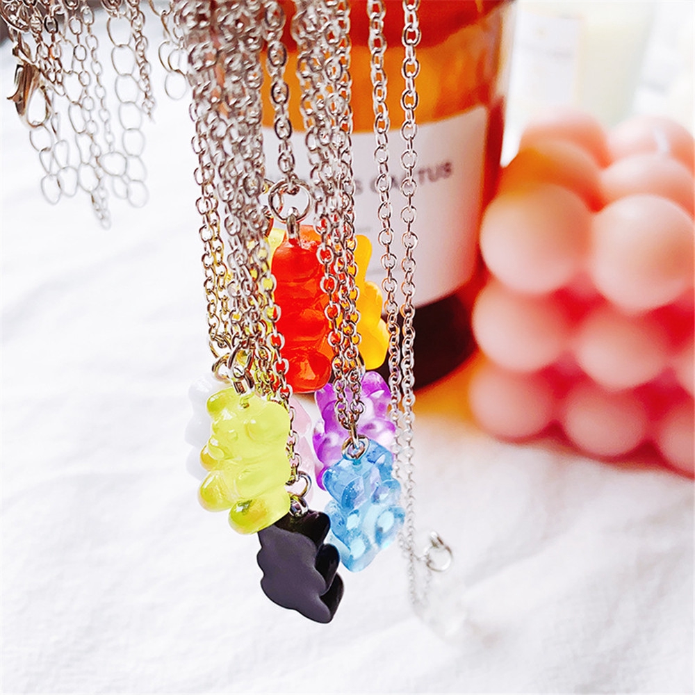 Cute Colorful Bear Gummy Pendant Necklace Korean Temperament Clavicle Chain Women Girl Tide Ins Pendant Necklaces Jewelry