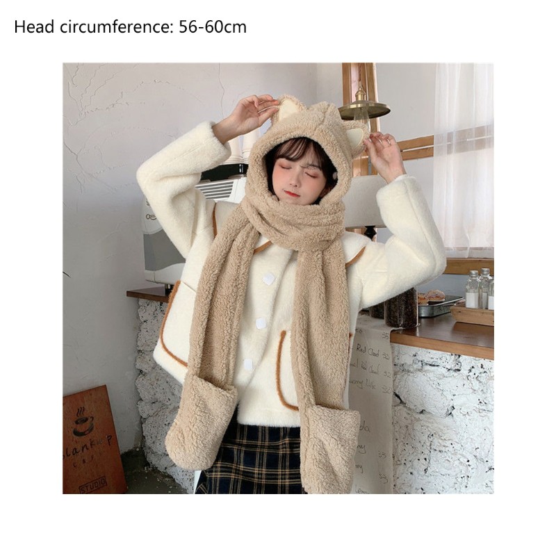 Khăn choàng lông nhung có mũ tai mèo và găng tay 3 trong 1