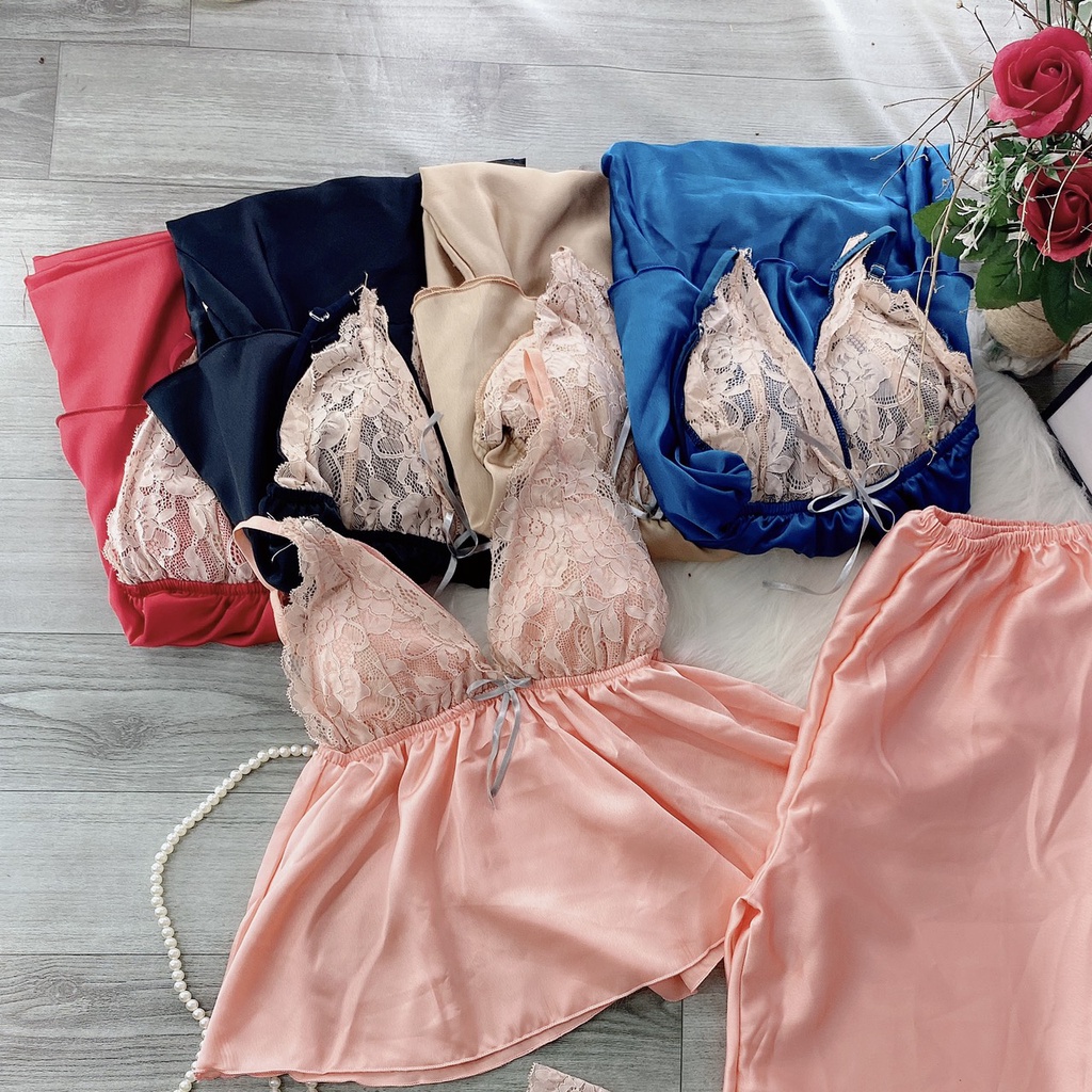 Đồ ngủ sexy, Đồ ngủ 2 dây quần dài phối ren gợi cảm có mút ngực, đồ bộ satin mặc cực mát