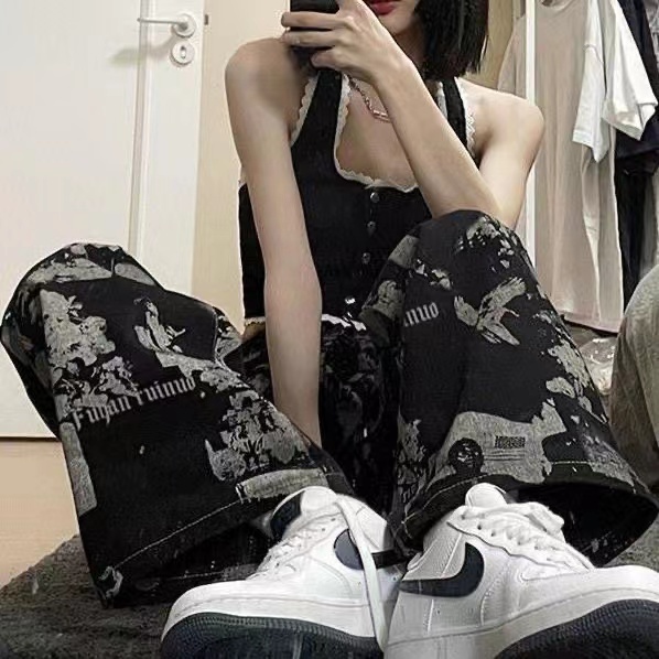 Quần Jean Nhuộm Màu Dáng Rộng Phong Cách Hip Hop Đường Phố Cá Tính Cho Nữ