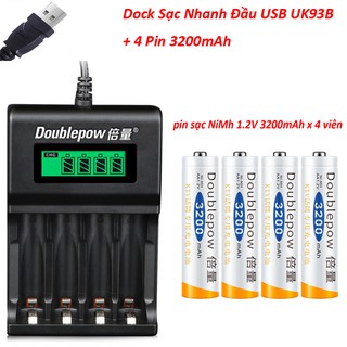 Combo Dock Sạc Nnanh Đầu USB và 4 Pin Sạc NiMh AA 3200mAh 1.2V MiCro Karaoke Doublepow 2A Có LED Báo Đầy Tự Ngắt