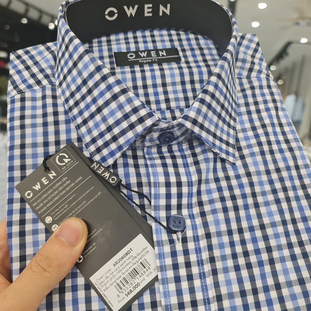 Áo Sơ Mi Nam Dài Tay Owen AR20608DT Somi Công Sở Cao Cấp Màu Kẻ caro Xanh Navy Chất Sợi Tre Mềm Mát Dáng Suông Có Túi