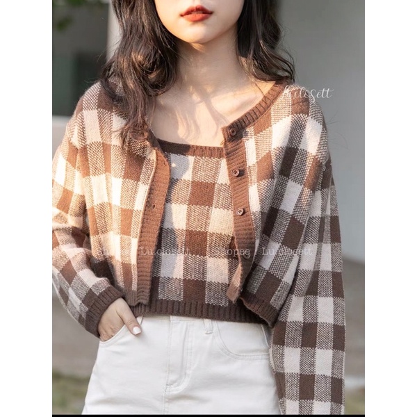 Set áo khoác cardigan len kèm áo 2 dây croptop hoạ tiết kẻ ô phong cách ulzzang LU.CLOSETT
