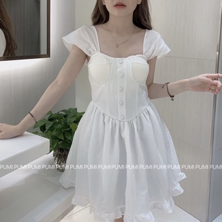 Đầm trắng 2s nữ tay cánh tiên hàng nút bọc lai bèo có lót trong freesize Pumi