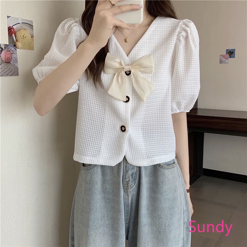 Áo Kiểu Tay Phồng Cổ Chữ V Thắt Nơ Họa Tiết Sọc Caro Thời Trang Mùa Hè