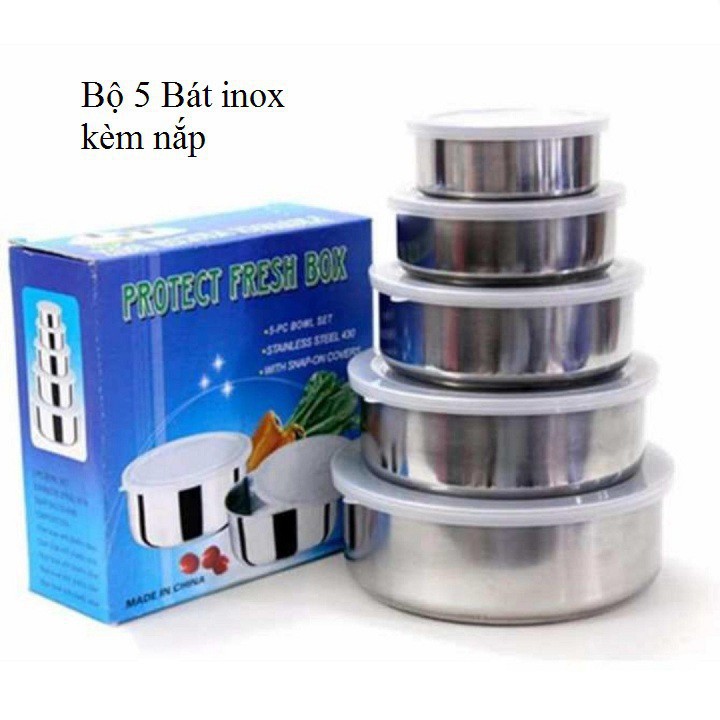 Sét bộ 5 bát inox cao cấp có nắp đậy bảo quản đồ ăn