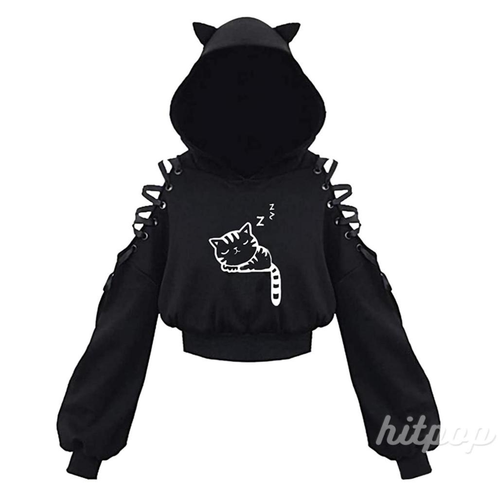Áo hoodie tay dài hở rốn in họa tiết đáng yêu độc đáo thời trang dành cho nữ