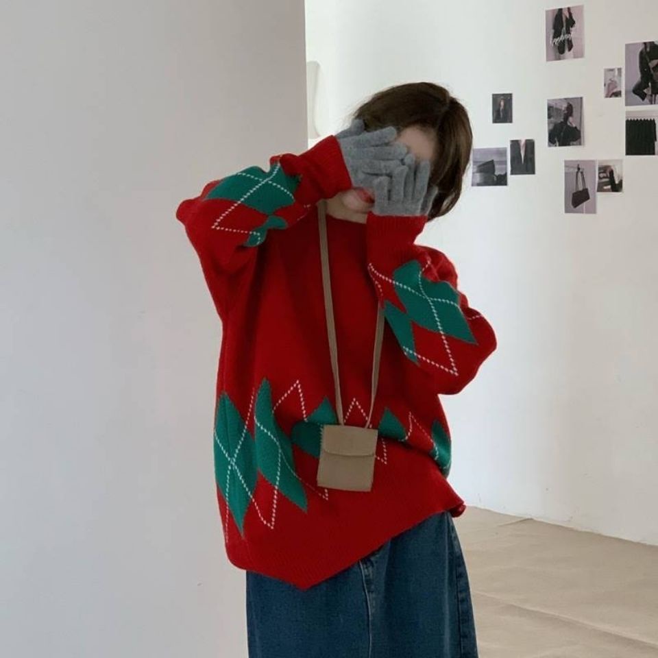 Áo sweater dáng rộng dày màu sắc tương phản thời trang thu đông mới trẻ trung dành cho nữ