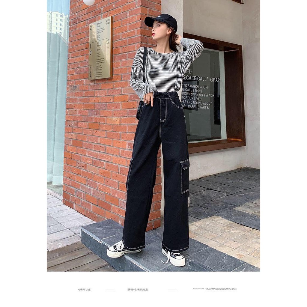 Quần suông ống rộng unisex giả jean viền chỉ lưng cao kèm túi hộp 2 bên màu đen GuuZ Fashionista | BigBuy360 - bigbuy360.vn