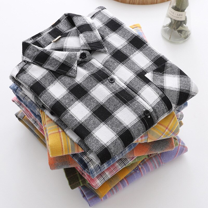 Áo sơ mi SixSisters vải cotton tay dài phối sọc caro cho nữ