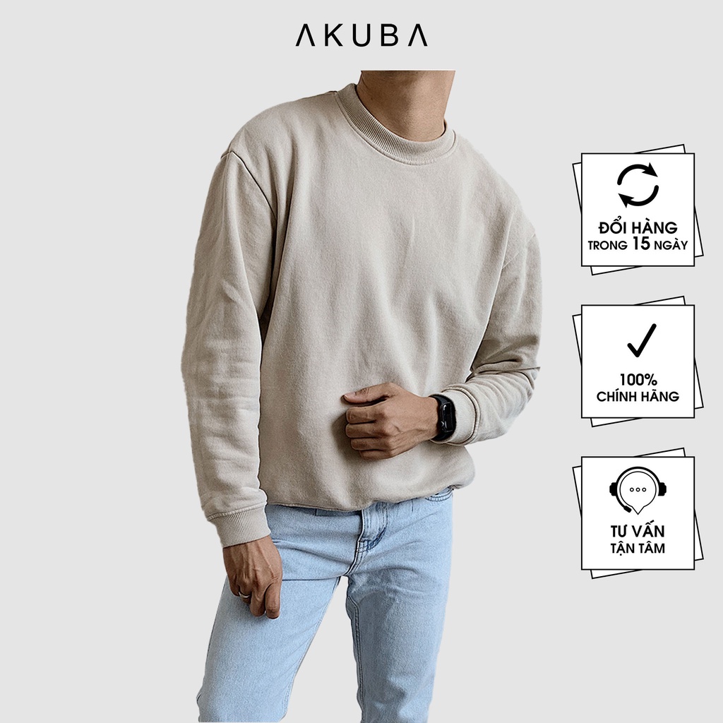 Áo sweater form rộng unisex tay bồng nam nữ AKUBA chất nỉ dày dặn | 01J0117