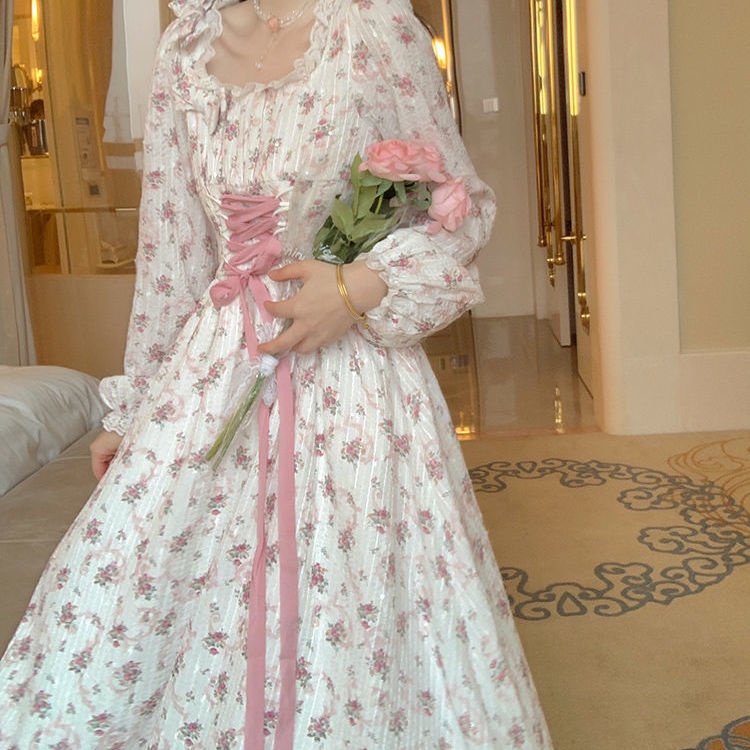 Đầm Dài Lưng Cao Thắt Nơ Họa Tiết Hoa Đào Phong Cách Pháp Thời Trang Mùa Hè Cho Nữ