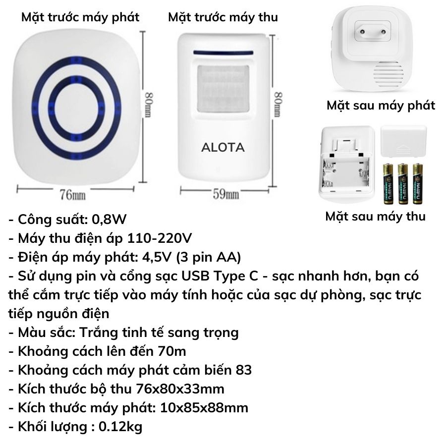Chuông báo khách ALOTA C27 cảm ứng hồng ngoại 8 mét thay thế chuông báo động chống trộm  - Shop 3B care
