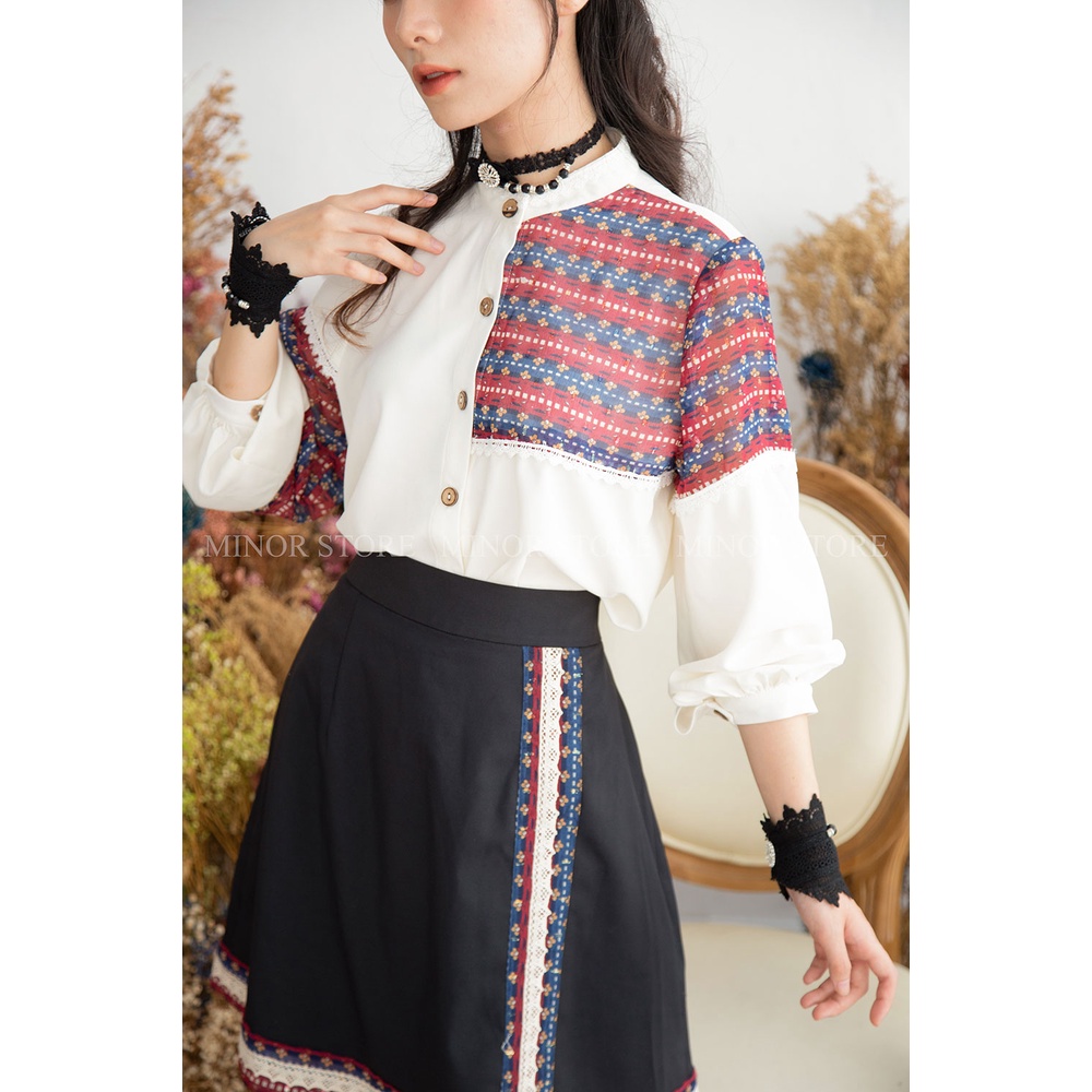 ÁO KIỂU CỔ TÀU PHỐI VOAN TƠ ĐỎ KIM TUYẾN [MINOR QUINERE top]